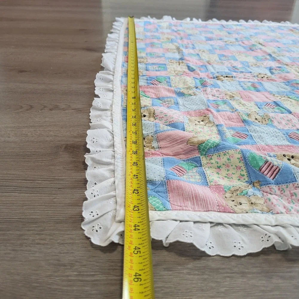Vintage Guardian Angel Bear‎ Reversible Baby Quilt Pastel Rainbow Eyelet Ruffle